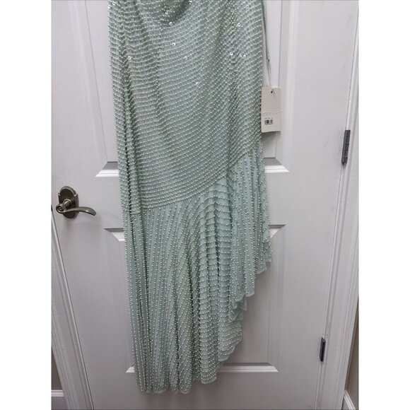 MAC DUGGAL Size 16 Green 93741 ONE SHOULDER Pearl Sequin Midi GOWN Formal Dress - Picture 6 of 10